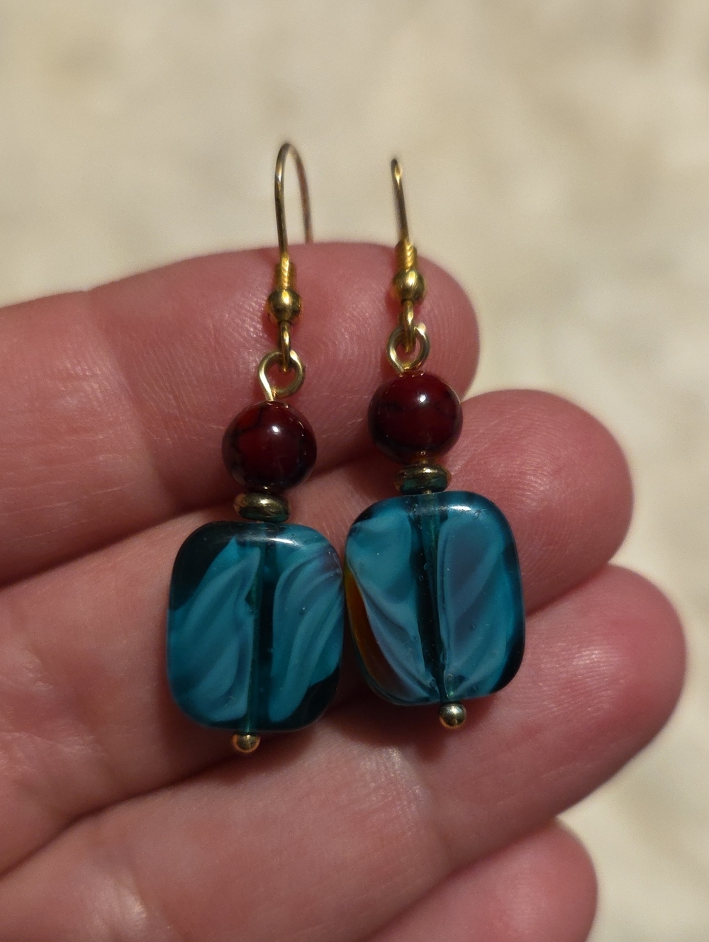 New Handcrafted Gold-Tone Drop Earrings with Teal Glass Beads and Red Accent